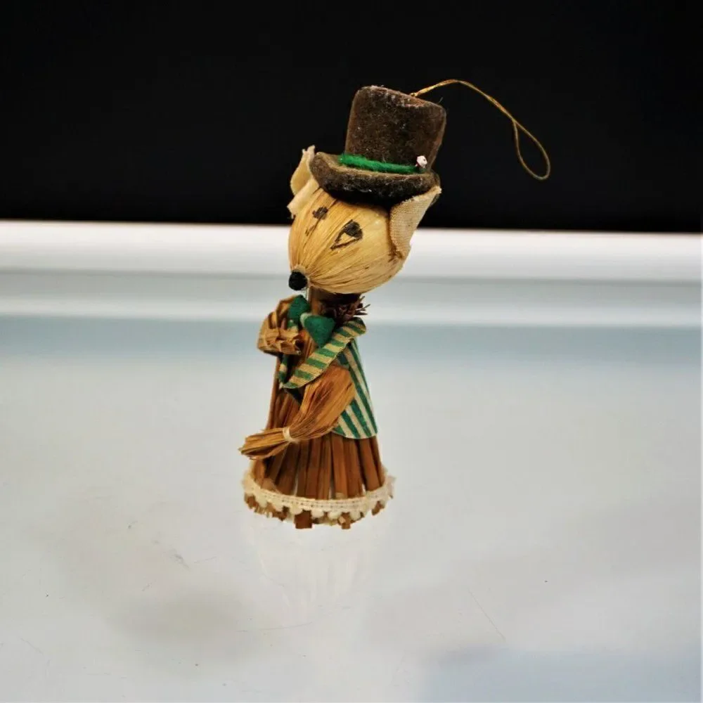 Straw Mouse Vintage Christmas Ornament Top Hat Mouse
